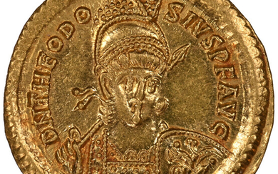 Ancients: , Theodosius II, Eastern Roman Empire (AD 402-450). AV solidus (21mm, 4.48 gm, 6h). NGC MS 5/5 - 4/5....