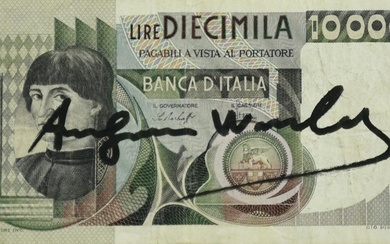 Andy Warhol (1928 - 1987) DIX MILLE LIRES stylo feutre sur billet de banque, 7x13,2...