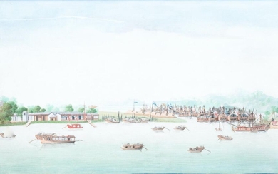 Anglo Chinese school, Canton, oil on canvas, 18th C.: 'A view on Whampoa Bay'