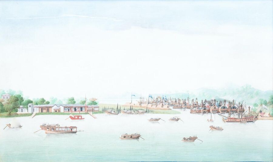 Anglo Chinese school, Canton, oil on canvas, 18th C.: 'A view on Whampoa Bay'