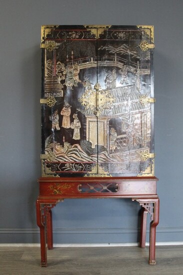 Antique Asian Style Carved Cabinet On Stand.