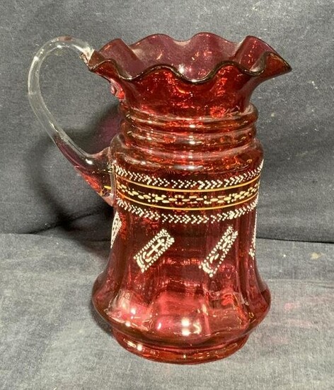 Antique Cranberry Glass Pitcher w Raised Pattern