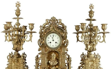 Antique French Louis XV Gilt Bronze Clock & Candelabra