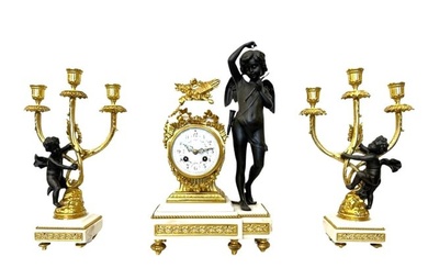 Antique French Napoleon III Style Gilt Bronze Mantle Clock Set