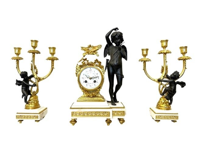 Antique French Napoleon III Style Gilt Bronze Mantle Clock Set