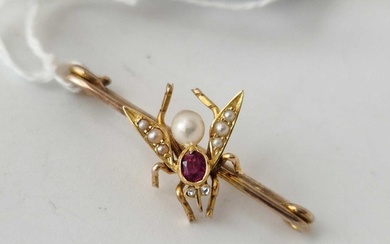 Antique Ruby diamond and real pearl insect in brooch fitting...
