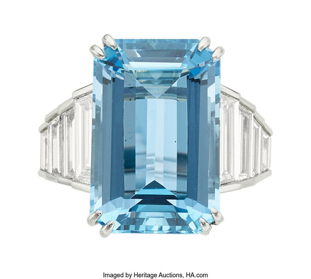 Aquamarine, Diamond, Platinum Ring The ring features an emerald-cut...