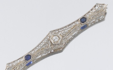 Art Deco Filigree, Diamond and Sapphire Brooch