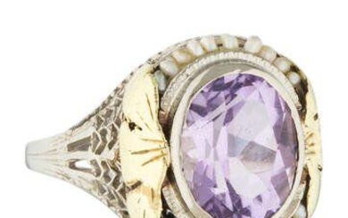 Art Deco White and Yellow Gold and Amethyst Filigree