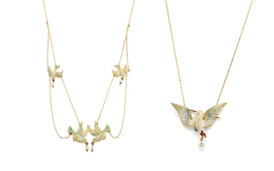 Art Nouveau Enamel, Pearl and Diamond Necklace and Enamel and Pearl Necklace, Circa 1900 | 新藝術 琺瑯彩 配 珍珠 及 鑽石 項鏈 及 琺瑯彩 配 珍珠 項鏈，約為1900年