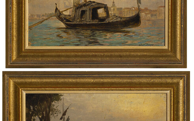 Arthur Calame (1843-1919), Venise et le bord du lac, 2 huiles sur toile marouflées sur panneau, signées, 15x30 cm
