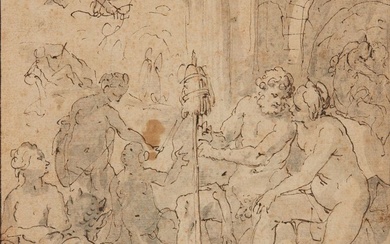 Attribué à GERTNER Christoph (v.1580 - 1620) Hercule et Omphale Plume et encre brune, lavis...