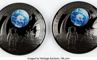 Australia: , Elizabeth II Pair of Uncertified nickel-plated silver Colorized Proof Domed "Moon Landing - 50th Anniversary" 5 Dollars (1 oz)... (Total: 2 coins)