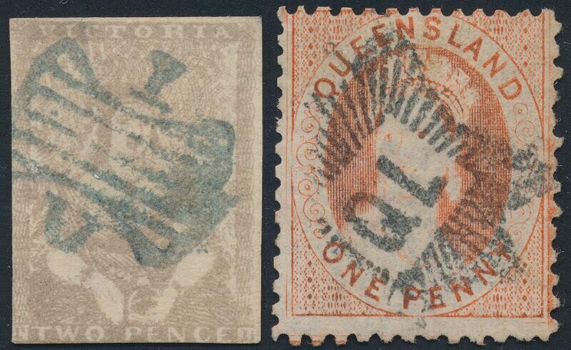 Australian States. 2 used stamps: 2 Pence Victoria with butterfly canc. 1 (Melbourne) and One Pence Queensland used QL in Brunswick star – Bruun Rasmussen Auctioneers of Fine Art