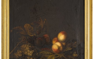 BAREND VAN DER MEER | Still life of peaches, grapes and vine leaves, all on a stone ledge
