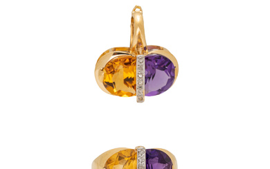 BICOLOR GOLD, AMETHYST, CITRINE AND DIAMOND RING AND PENDANT