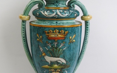 BLOIS - Émile BALON (1859-1929) : Vase balustre couvert sur piédouche en faience à double...