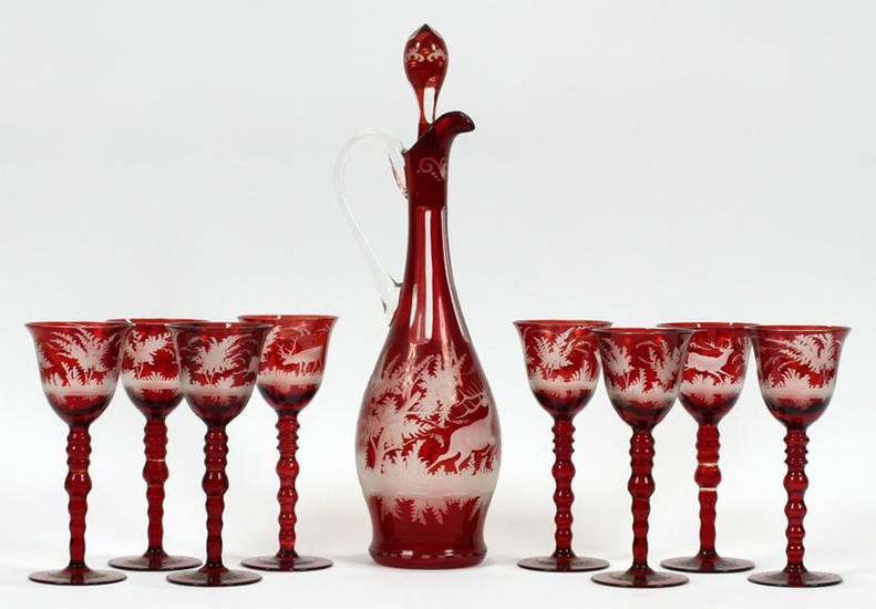BOHEMIAN ETCHED GLASS WINE DECANTER & GOBLETS