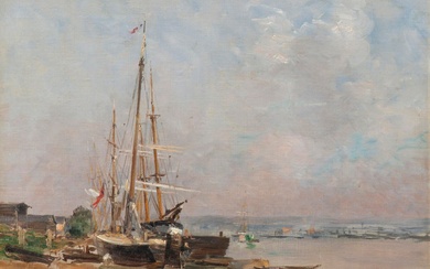 BOUDIN Eugène (suiveur de), ÉCOLE FRANÇAISE du XIXe, 'Marée basse'. 32 x 41 cm