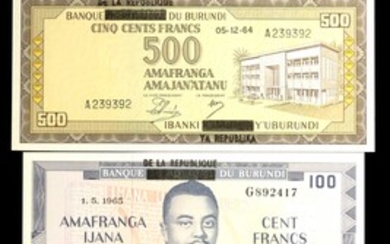 BURUNDI. Lot of (5). Banque de la Republique du Burundi. 20 to 1000 Francs, 1964-65. P-15 to 19. Uncirculated.