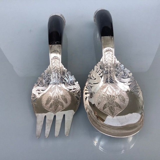 Beautiful antique Malaysian silver and horn dragon & lotus serving set - Silver - Malaysia - 20th century