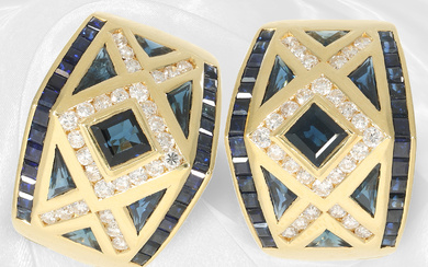 Beautiful sapphire/brilliant-cut diamond stud earrings/earclips, very high quality designer goldsmith work, 18K gold