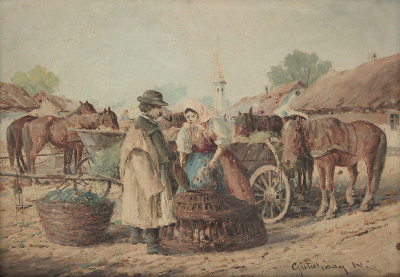 Bela Bertalan Gutahazy Nemeth (Hungarian, 1880-1935) - Figures and Horses, Oil on Board.