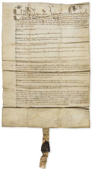 Berkshire.- Elizabeth I. Royal Letters Patent granted by Elizabeth I being an inspeximus of a survey of the manor of Radley, lately in the possession of the monastery of Abingdon, made in the first year of the reign of Edward VI, manuscript in Latin...