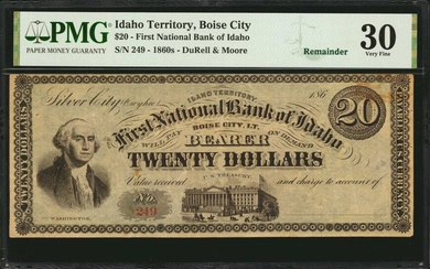 Boise City, Idaho Territory. First National Bank of Idaho. 1860s. $20. PMG Very Fine 30. Remainder.