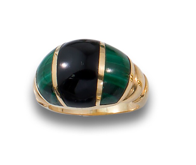 Bombé ring in 18kt yellow gold, 70's, with malachite and onyx.
