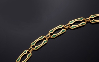 Bracelet en or jaune 18 carats (750/000) et émail noir et vert, composé d'une succession...