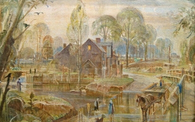 British School, early/mid 20th century- Village scene, with horse and cart; oil on canvas, inscribed 'From William Wigley Estate' to the reverse of the canvas, 53 x 76 cm.