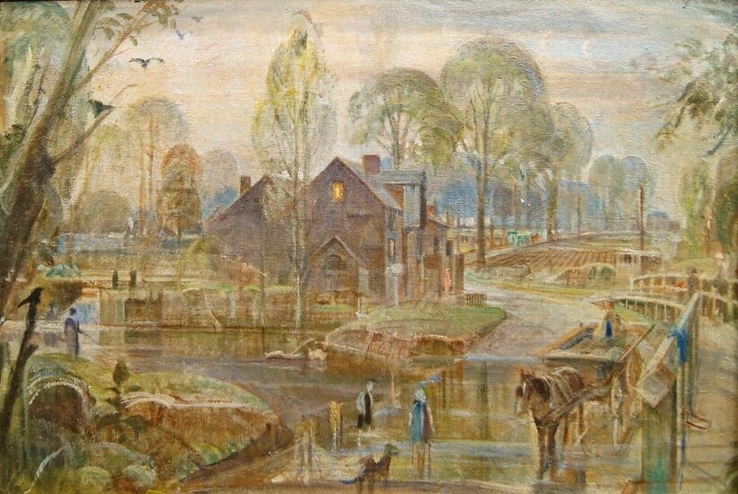 British School, early/mid 20th century- Village scene, with horse and cart; oil on canvas, inscribed 'From William Wigley Estate' to the reverse of the canvas, 53 x 76 cm.
