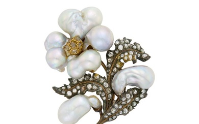 Buccellati Silver, Gold, Baroque Gray Cultured Pearl, Colored Diamond and Diamond Flower Clip