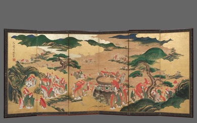 Byōbu folding screen - Gold leaf, Lacquered wood, Silk - Japan - Edo Period (1600-1868)