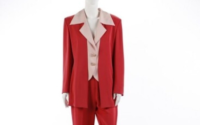 Capucine, Two piece suit, red and pink jacket and trousers.