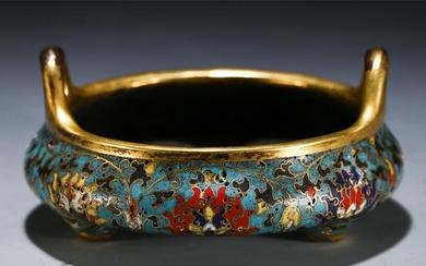 CHINESE CLOISONNE FLOWER DOUBLE HANDLE CENSER