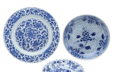 CHINESE KANGXI BLUE & WHITE DISHES. Three Chinese Kangxi per...