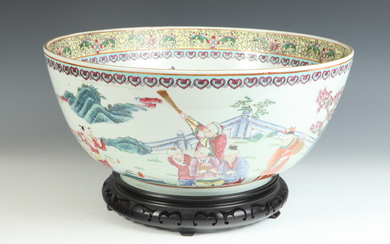 CHINESE PORCELAIN CENTER BOWL POLYCHROME-PAINTED WITH FIGURES IN LANDSCAPE. -...