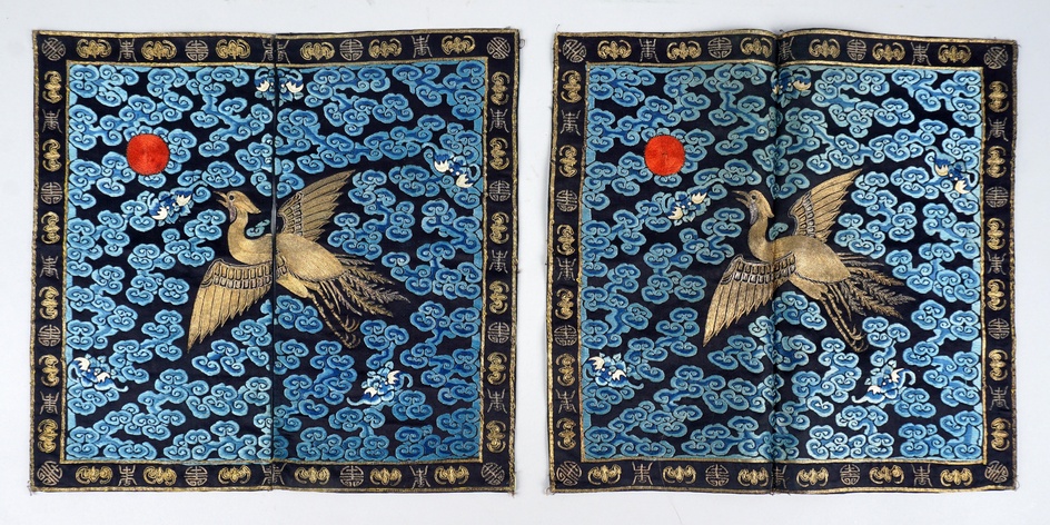 CHINESE SILK-EMBROIDERED RANK BADGES, LATE QING DYNASTY 12 x 12 in. (30.5 x 30.5 cm.)