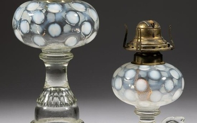 COINSPOT AND STRAWBERRY OPALESCENT GLASS KEROSENE LAMPS