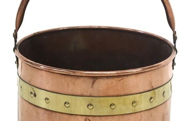 COPPER & BRASS-BANDED & STUDDED HANDLED BUCKET