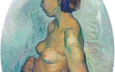 CUNO AMIET(Soleure 1868-1961 Oschwand)Nu de jeune fille de profil. 1910.Huile sur toile.Monogrammé et daté en...