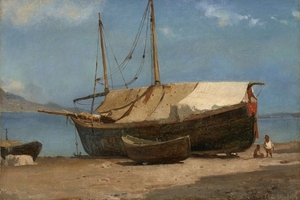 Carl Frederik SØRENSEN Samso, 1818 - Copenhague, 1879 Bateau de pêche sur le rivage à Sorrente