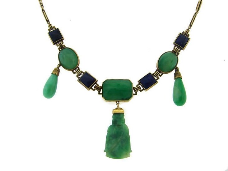 Carved JADE LAPIS LAZULI YELLOW GOLD NECKLACE by
