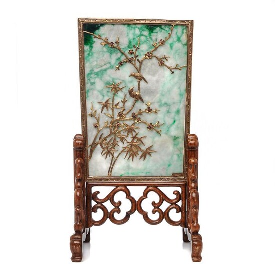 Carved table screen with 14kt. yellow gold birds decoration and stand - Gold, Jadeite, Wood - China - 20th century