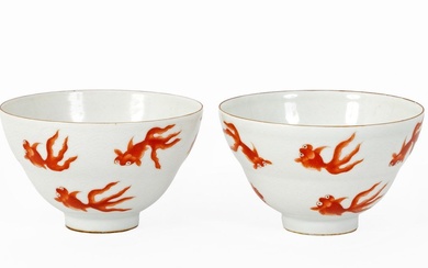 Chine, XIX-XXe siècle Paire de bols en porcelaine à décor en émaux rouge de fer...