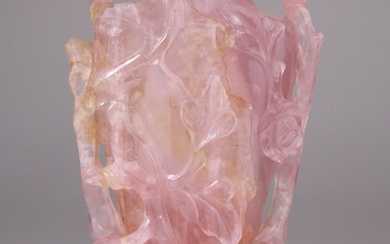 Chinese Carved Quartz Rose Sculpture Stone Vase Fleur Statue Chine - Stone (mineral stone), rose quartz - China