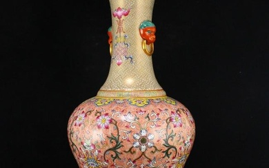 Chinese Gilt Gold Famille Rose Double Ears Porcelain Big Vase
