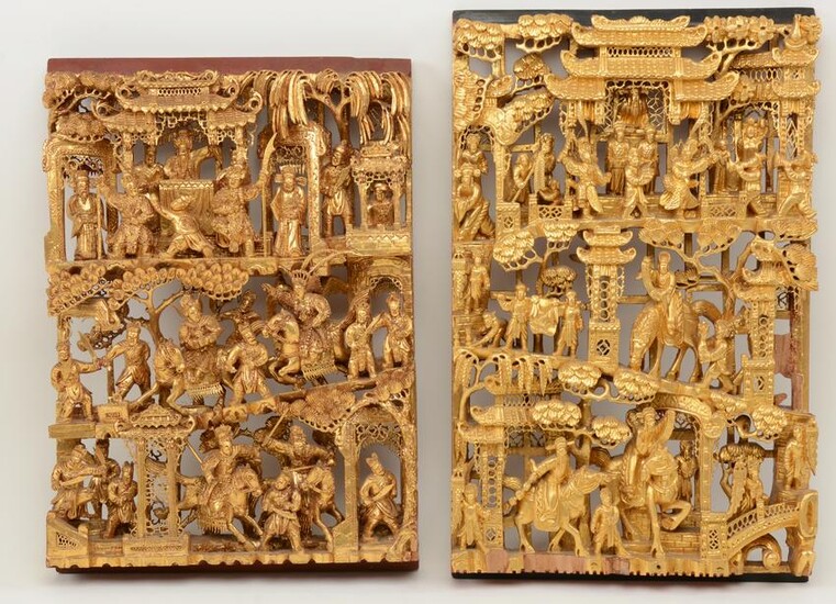 Chinese Gilt Relief Carvings. Two wooden panels with